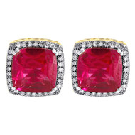 Diamond Earrings 10K Yellow Gold Square Created Ruby Fashion Studs 0.18 Ct.