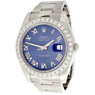 Mens DateJust II Rolex 116300 Diamond Watch 41mm Blue Roman Numeral Dial 3 CT.