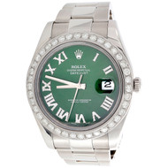 Mens DateJust II Rolex 116300 Diamond Watch 41mm Green Roman Numeral Dial 3 CT.