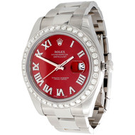 Mens DateJust II Rolex 116300 Diamond Watch 41mm Red Roman Numeral Dial 3 CT.