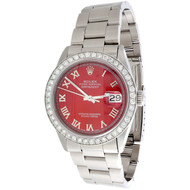 Mens Rolex 36mm DateJust Diamond Watch Oyster Steel Band Red Roman Dial 1.9 CT