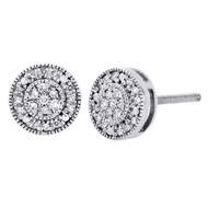 10K White Gold Round Diamond Milgrain Circle Pave Studs 7.5mm Earrings 0.15 Ct.