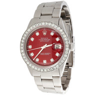Mens Rolex 36mm DateJust Diamond Watch Oyster Steel Band Custom Red Dial 2 CT.