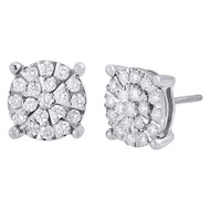 Diamond Earrings .925 Sterling Silver Round Cut Circle Design Studs 0.97 Ct.