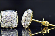 Mens Ladies 10K Yellow Gold 3D Square Real Diamond Domed Stud Earrings 1.85 Ct.