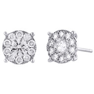 14K White Gold Real Round Diamond 4-Prong Cluster Studs 7.75mm Earrings 1.11 CT.