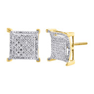 Diamond Square Earrings 10K Yellow Gold Round Cut Pave Design Studs 0.33 Tcw.