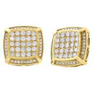 10K Yellow Gold Round Cut Diamond Studs Halo Frame Square 14mm Earrings 1.34 Ct.