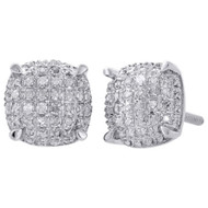 925 Sterling Silver Diamond Studs 9mm Squircle 4 Prong Pave 3D Earrings 0.33 Ct.