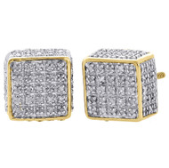 10K Yellow Gold Real Diamond Stud 9mm 3D Cube Square Mens Pave Earrings 0.75 Ct.