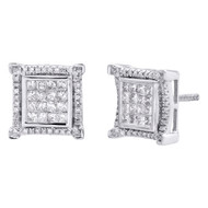 10K White Gold Princess Cut Diamond Square Tier Halo Frame Earrings Studs 1 CT.