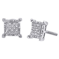 Diamond Square Earrings .925 Sterling Silver Round Pave Design Studs 0.15 Ct.