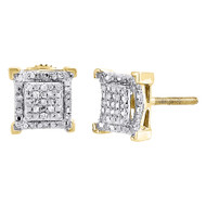 Diamond Square Earrings 10K Yellow Gold Round Cut Pave Design Studs 0.15 Tcw.