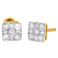 10K Yellow Gold Real Diamond Studs 6.50mm Square Cluster Pave Earring 0.74 CT.