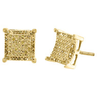 Yellow Diamond Earrings 10K Gold Round Cut Pave Square Design Studs 0.25 Tcw.