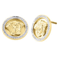 10K Yellow Gold Mens Diamond 3D Medusa Face Designer Studs 13mm Earrings 0.20 ct