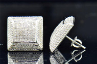 Men's Ladies 10K White Gold Round Cut Diamond 3D Square Studs Earrings 1.00 Ct.