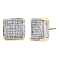 Diamond Earrings 10K Yellow Gold Round Cut Square 3D Design Studs 0.75 Tcw.