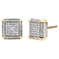 Diamond Earrings 10K Yellow Gold Round Cut Square 3D Design Studs 0.35 Tcw.