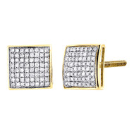 Diamond Square Domed Studs 10K Yellow Gold Round Pave Fashion Earrings 0.30 Tcw.
