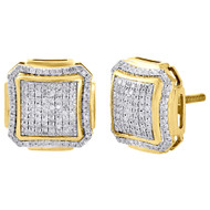 10K Yellow Gold Round Diamond Studs Pave Set Domed Square Earrings 0.55 Ct.