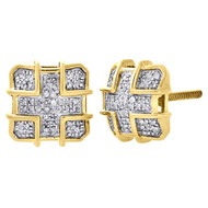 10K Yellow Gold Round Diamond Studs Pave Domed Square 10.50mm Earrings 0.22 Ct.