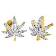 10K Yellow Gold Marijuana Leaf Plant Diamond Studs Pave 11.50mm Earrings 0.22 Ct