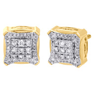 10K Yellow Gold Diamond Tier Double Halo Frame Studs Square Pave Earring 0.46 CT