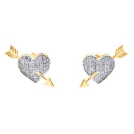 10K Yellow Gold Diamond Hear Bow & Arrow Studs 13.50mm Mens Pave Earrings 1/5 CT