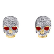 10K Yellow Gold Diamond Skull Head Red Enamel Studs 11mm Pave Earrings 0.22 CT.