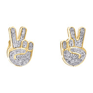 10K Yellow Gold Diamond Peace Sign Studs 13mm Frame Mens Pave Earrings 0.14 CT.