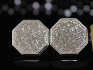 Diamond Octagon Design Earrings Men's 10K White Gold Round Pave Studs 0.95 Tcw