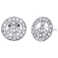 10K White Gold Diamond Peace Symbol Studs 10.50mm Ladies Pave Earrings 1/2 CT.
