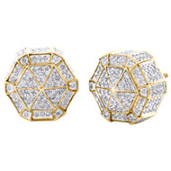 10K Yellow Gold Real Diamond Hexagon Shap 3D Studs 13mm Pave Earrings 1.50 CT.