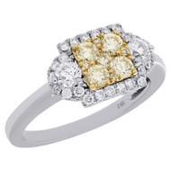 14K White Gold Natural Yellow Diamond Square Halo Ladies Engagement Ring 1 Ct.