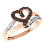 Red Diamond Heart Cocktail Ring Ladies 10K Rose Gold Fashion Design 0.14 Tcw.