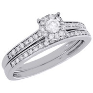14K White Gold Round Solitaire Diamond Halo Engagement Ring Bridal Set 0.50 Ct.
