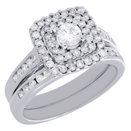 14K White Gold Solitaire Diamond Bridal Set Halo Engagement + Wedding Ring 1 Ct.