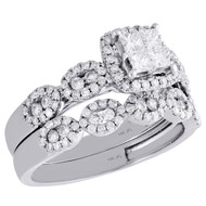14K White Gold Quad Diamond Bridal Set Halo Engagement Ring + Wedding Band 1 Ct.