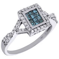 10K White Gold Blue Diamond Rectangle Halo Right Hand Cocktail Ring 0.55 Ct