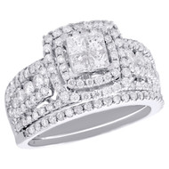 14K White Gold Princess Diamond Bridal Set Engagement + Wedding Rings 1.75 CT.