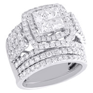 14K White Gold Quad Diamond Bridal Set Engagement Ring + Wedding Band 3.75 CT.