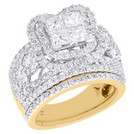 14K Yellow Gold Quad Diamond Bridal Set Engagement Ring + Wedding Band Halo 3 CT