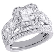 14K White Gold Diamond Bridal Set Quad Engagement Ring + Wedding Band 1.75 CT.