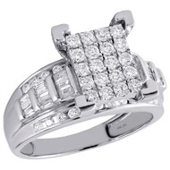 10K White Gold Round & Baguette Diamond Rectangle Cluster Engagement Ring 7/8 Ct
