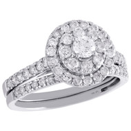 14K White Gold Solitaire Diamond Bridal Set Halo Engagement + Wedding Rings 1 Ct