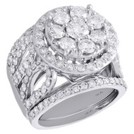 14K White Gold Cluster Daimond Bridal Set Flower Engagement + Wedding Rings 4 Ct