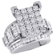 14K White Gold Round & Baguette Diamond Rectangle Cluster Engagement Ring 2 Ct.