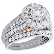 14K White Gold Diamond Flower Bridal Set Engagement Ring + Wedding Band 2 Ct.
