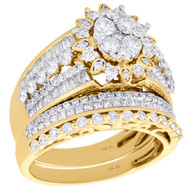 14K Yellow Gold Diamond Bridal Set Flower Engagement Ring + Wedding Band 2 Ct.